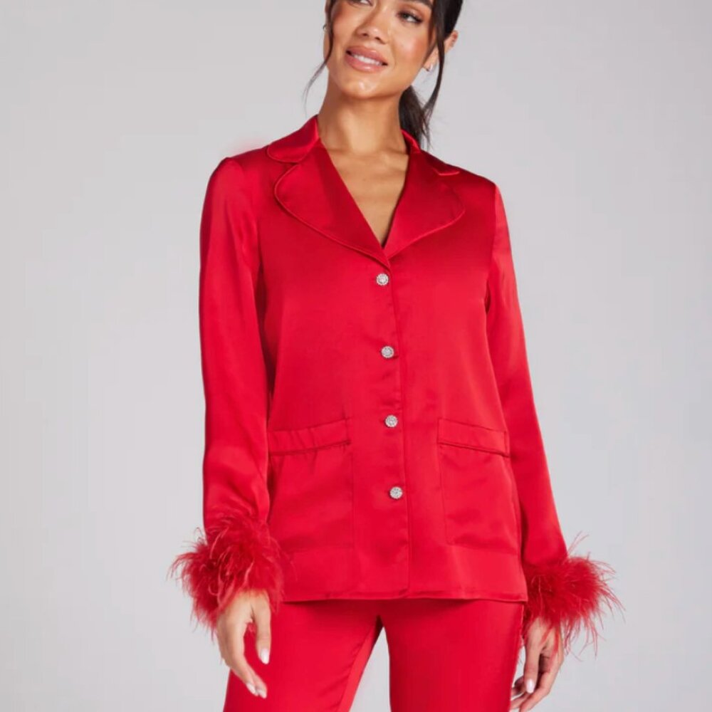 NWT Nadine Merabi Darcie Red Feather Blouse